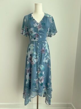 Y2K Vintage Elegant Chic Whimsy Blue Floral V-Neck Dress